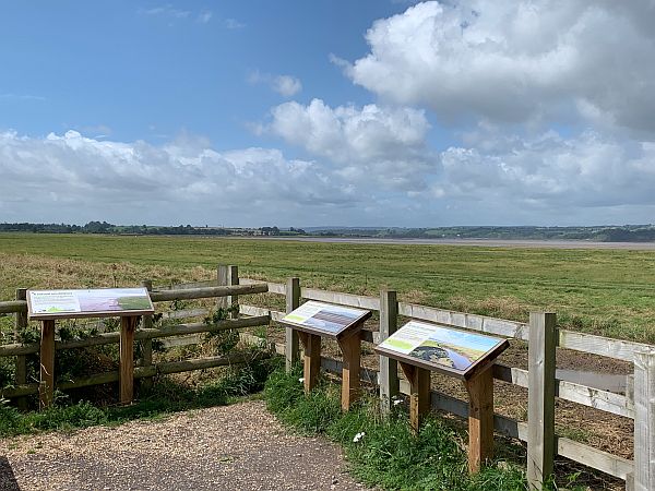 View across Slimbridge with interpretation boards.