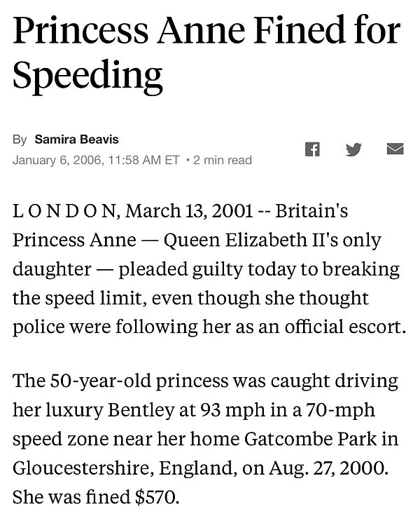 News report of Princess Anne fined for speeding.