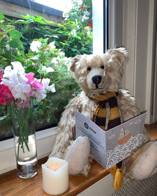 Bertie on the window sill with a candle lit for Diddley, a vase of cut Sweet Peas and reading "the card".