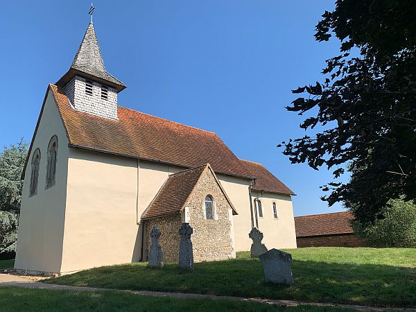 Wisley Church with the Copper Beech to the right.