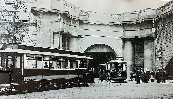 Original southern entrance to Kingsway Tram Tunnel in 1906, with two single-deck trams.