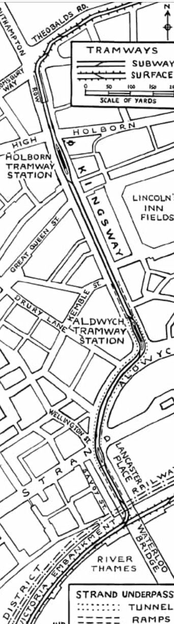 Map of the original route of the Kingsway Tram Tunnel.