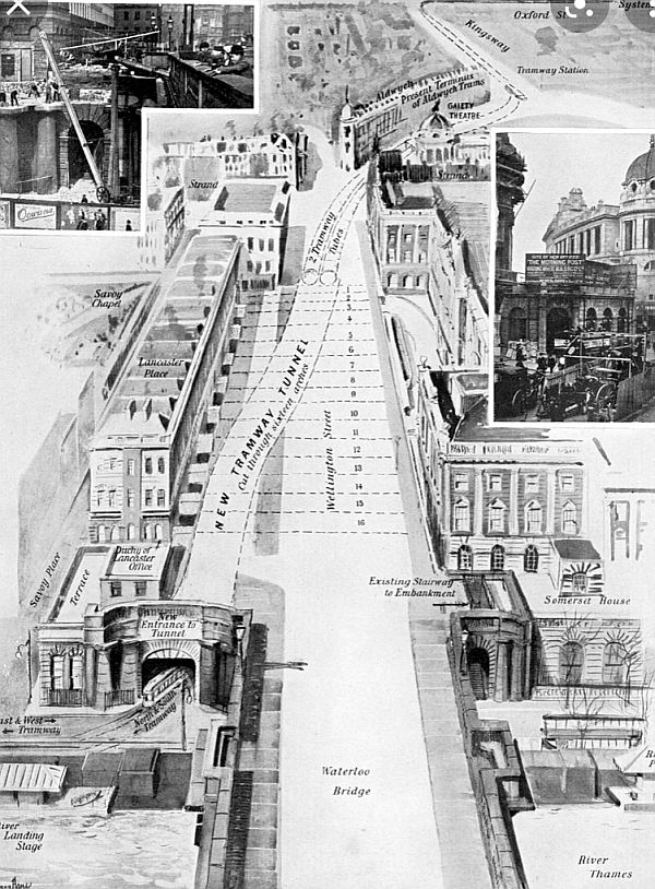 An artist's impression of the original entrance, to the side of Waterloo Bridge, and the section of tunnel that is now the Strand underpass. The entrance to that today is on the bridge itself.