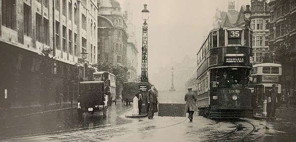 A No35 tram emerging from the Kingsway Tunnel on a wet day.