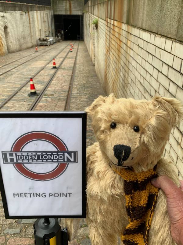 Bertie beside the "Hidden London" sign at the northern entrance to the Kingsway Tram Tunnel.