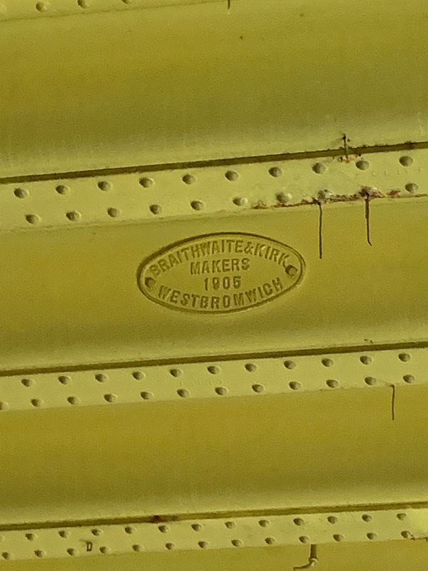 The fabricated cut and cover roof with manufactures stamp "Braithwaite & Kirk West Bromwich 1905".