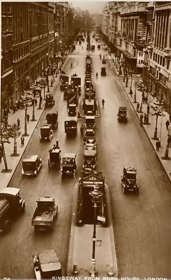 The entrance to Aldwych tram stop precariously positioned in the middle of a busy road.