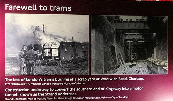 Poster showing "progress". Trams being destroyed by fire and part of the Kingsway Tram Tunnel being converted into the Strand Underpass.