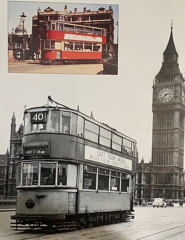 No40 Tram on Westminster Bridge, with Big Ben in the background.