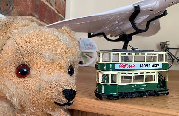 Eamonn looking at Bobby's model of a Liverpool tram.