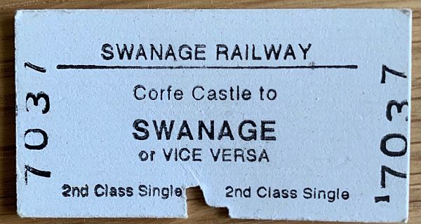 Swanage Railway ticket: Corfe Castle to Swanage or vice versa 2nd class single.