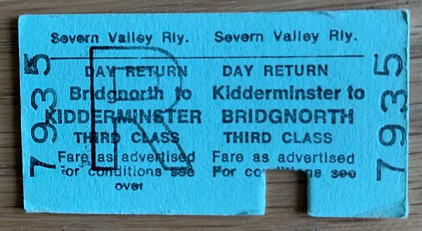 Bridgnorth to Kidderminster Day Return. 3rd Class. Severn Valley Railway.