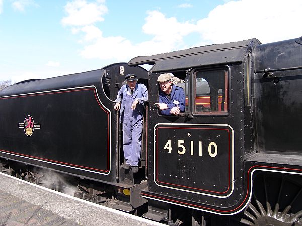 Bobby on the footplate of Black 5 45110 with his driving instructor.