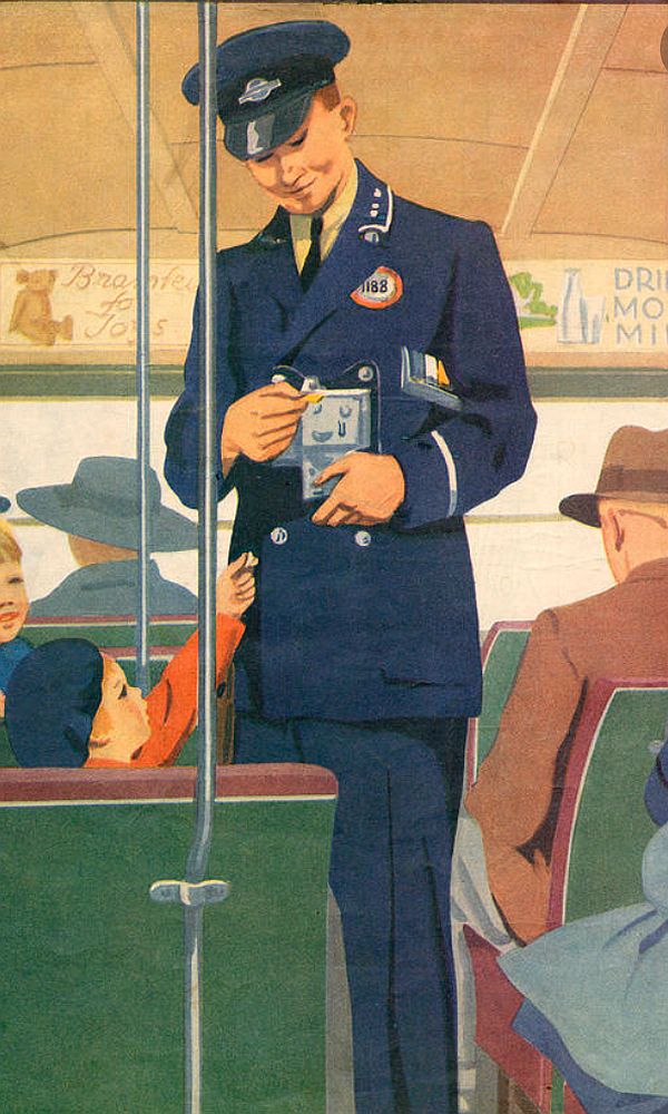 Colour drawing of a bus conductor clipping a ticket.