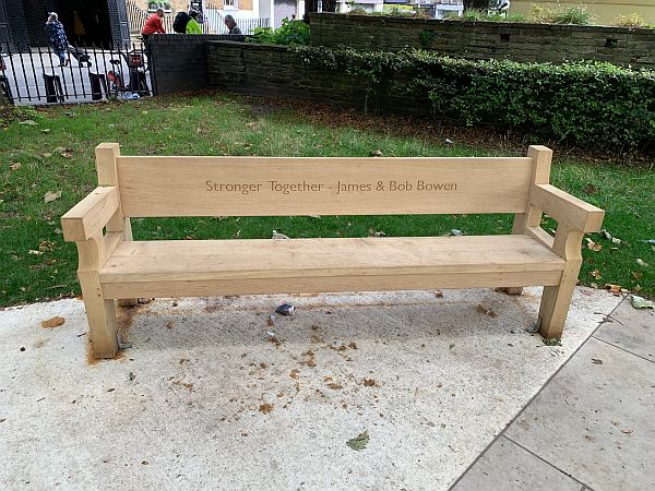 One of the benches. "Stronger together - James and Bob Bowen".