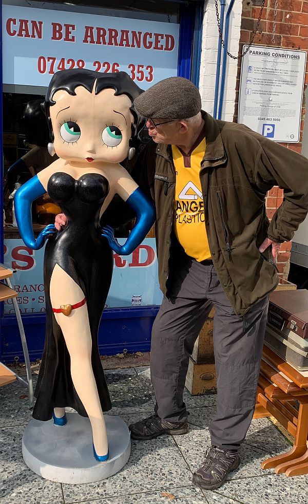 Bobby with the Betty Boop statue outside Pete's Yard.