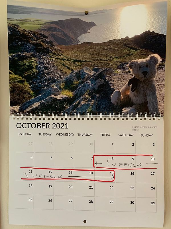 Bobby's own "Mindfully Bertie" calendar, with the Suffolk break marked on it.