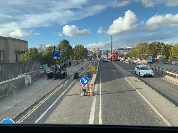 Waterloo Bridge with security/terrorist barriers.