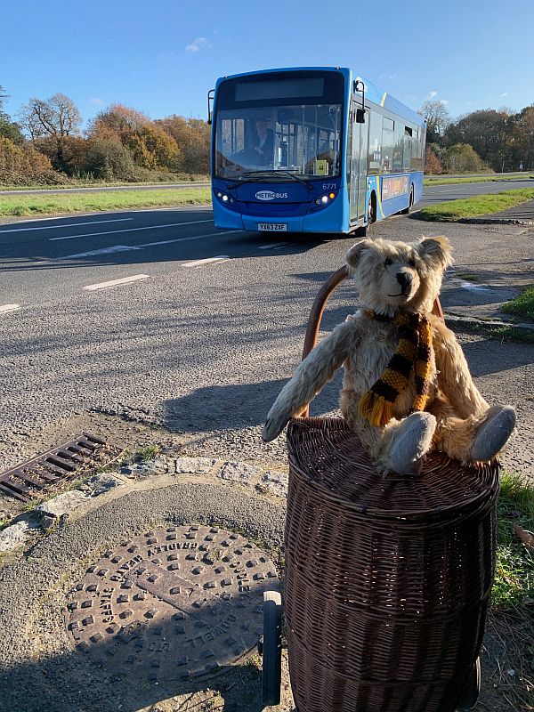 Bertie sat on Bobby 2 as the 93 bus (Metrobus YX63 ZXF - 6771) pulls in to the stop.