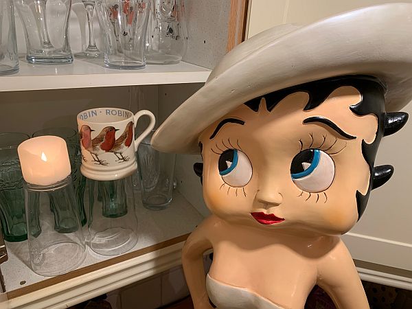 A candle lit for Diddley on top of an upturned glass in an open cupboard. On an adjacent glass is a chunky mug with pictures of Robins on it. Betty Boop is standing alongside looking at them.