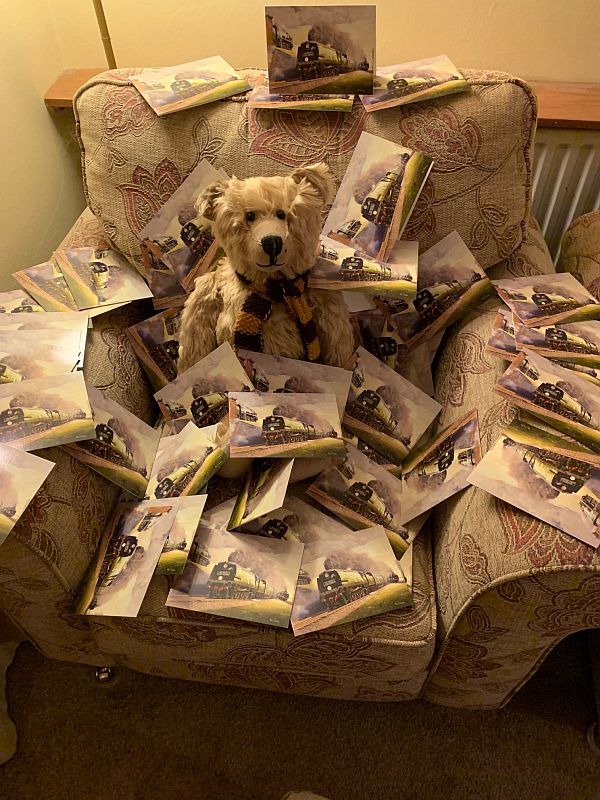 Bertie sat on a chair surrounded by Railway Children cards.