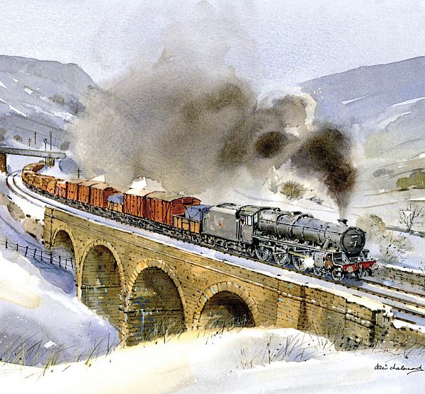 Black steam engine pulling a freight train over a viaduct in s snowy scene.