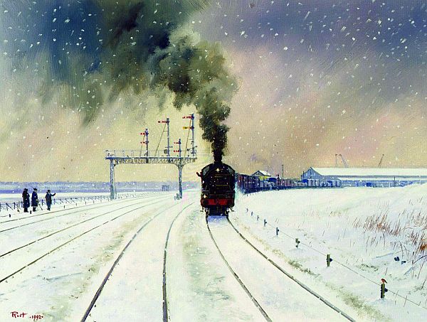 Front view of a steam engine pulling a long frieght train in a snowy scene.