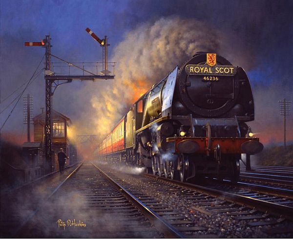 46236 "City of Bradford" pulling the Royal Scot in a night-time scene.