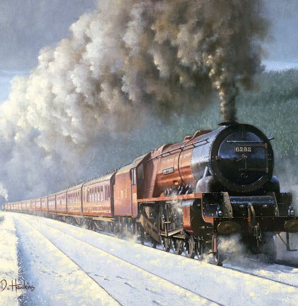 6232 "Duchess of Montrose" pulling a red passenger train in the snow.