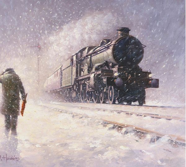 4082 "Windsor Castle" pulling a passemger train in the snow.