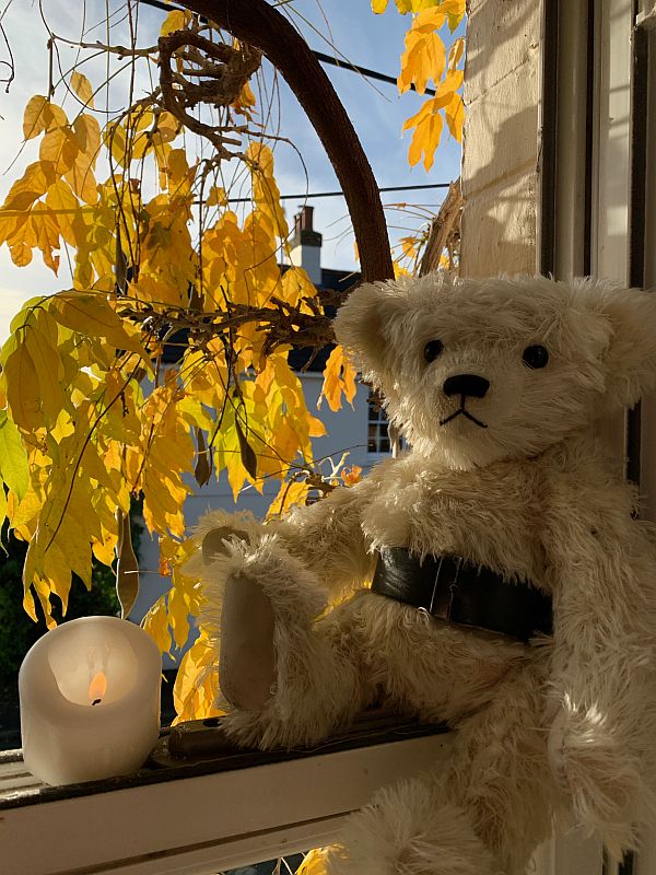 Trevor, with a candle lit for Diddley and the Wisteria behind.