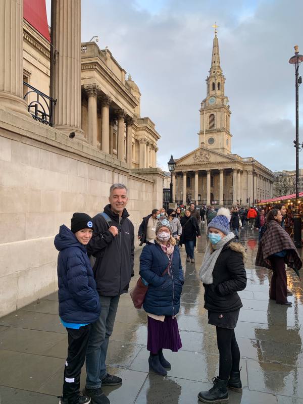 Daisy-Mae, Andrew, Marie and Giselle. Trafalgar Square, walking towards St Martin in the Fields.