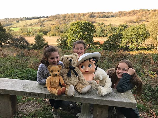 Kyla, Layla, Faith, Three bears and Betty Boop at the bench.