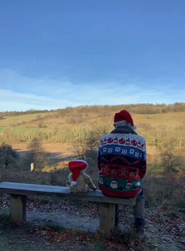 Bobby and Bertie is Christmas attire on The Bench.