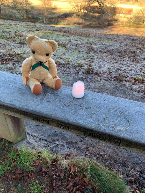 Trevor and a candle lit for Diddley on The Bench. The word "Diddley" and a heart have been traced in the ice.