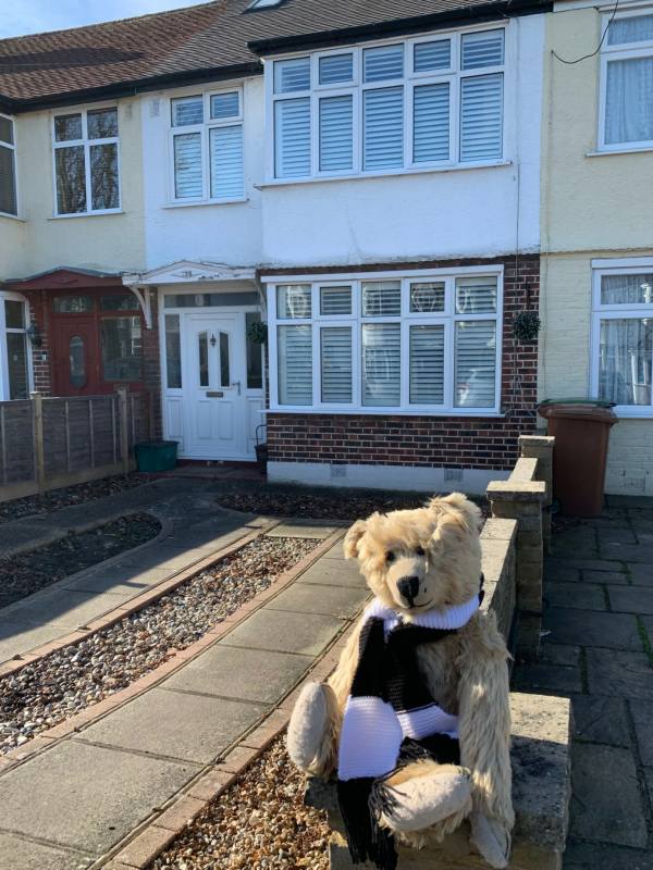 Bertie wearing his Fulham scarf outside 138 Brocks Drive.