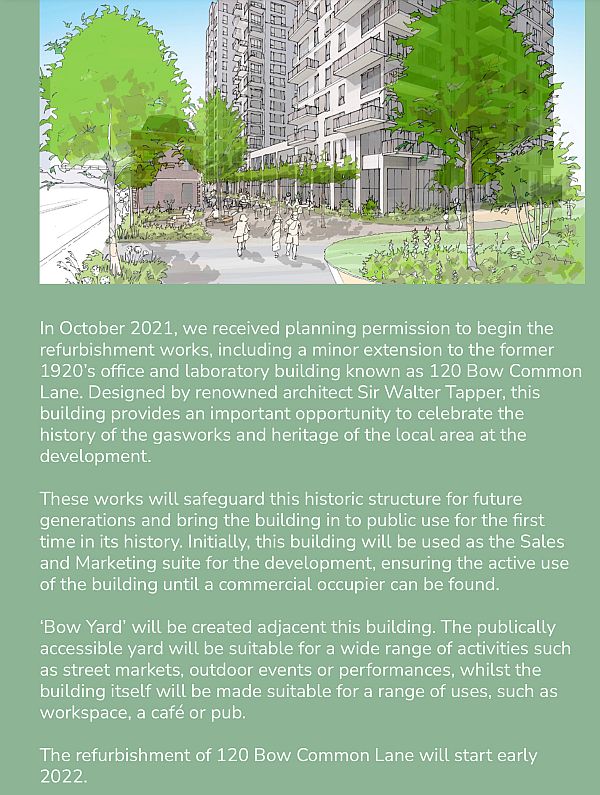 More detailed plans for the incorporation of the historic building into the new development at 120 Bow Common Lane.
