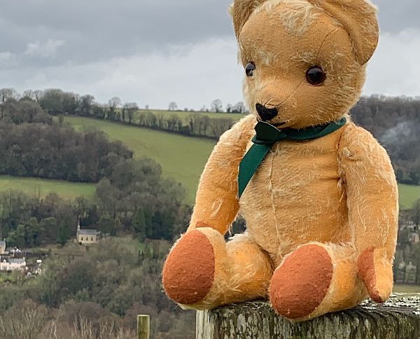 Close up of Eamonn, with Slad school and church visible in the distance.