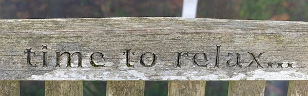 "Time to Relax..." carved into the back of a wooden bench in Newark Park.