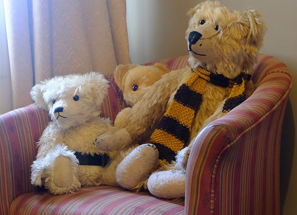 Bertie, Eamonn and Trevor in a bucket chair in the Frocester George Hotel.