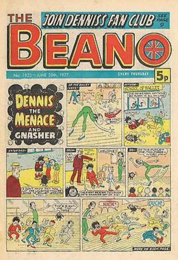 The front cover of a copy of "The Beano", featuring cover stars Dennis the Menace and Gnasher.