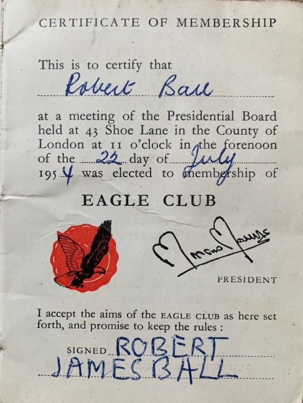 Bobby's signed Eagle Club membership card.