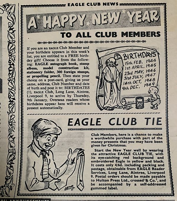 Eagle Club News, including birthday gifts and the Eagle Club Tie.