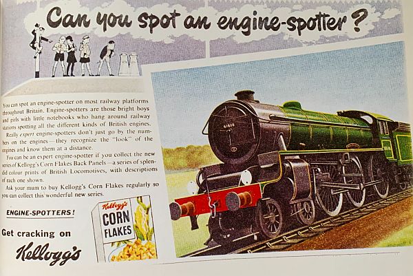 Kellogg's advert for Cornflakes packets with "engine spotting" info on the packets.