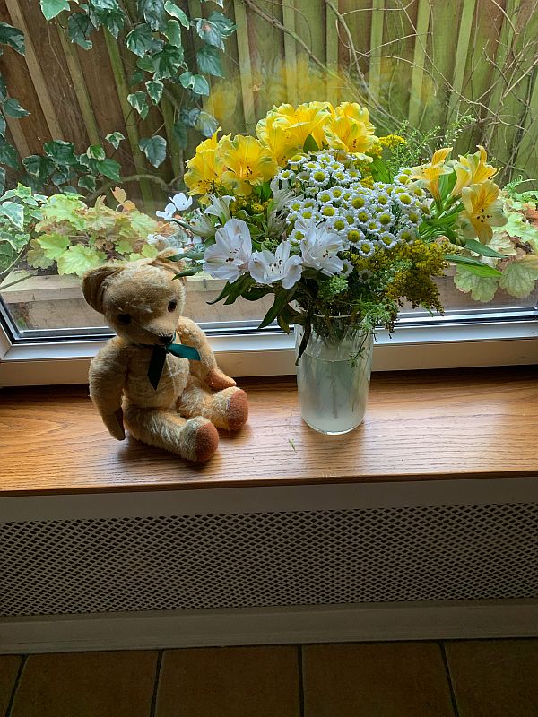 Eamonn sat alongside the "letterbox flowers".