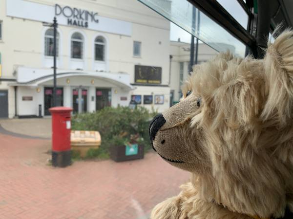 Bertie looking out of the window as the RF goes past Dorking Halls Theatre.
