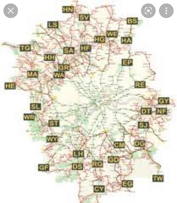 Map of the London Country network, with depot codes.
