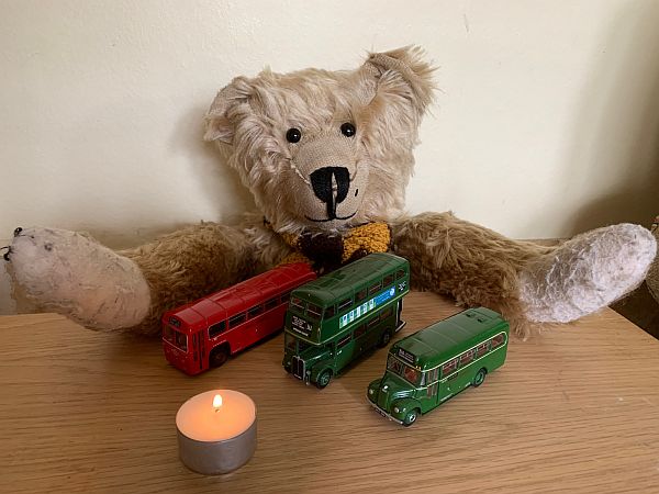 Bertie, with a red model RF, a green RT and GS with a candle lit for Diddley.