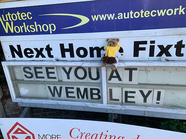 Sutton United's fixture board - "See you at Wembley!"