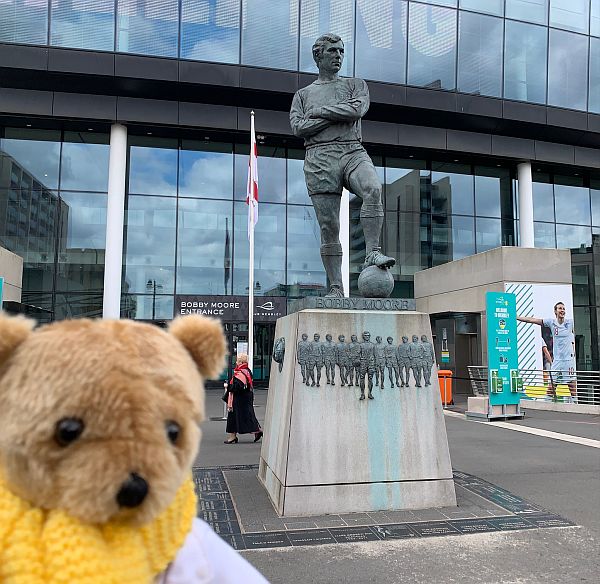 Brooklands Bertie and the statue of Bobby Moore at Wembley.